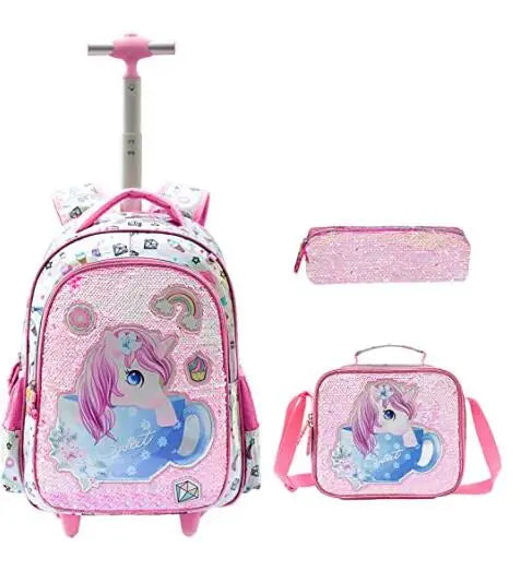 mochila escolar con ruedas unicornio  para niños y niñas, taper de almuerzo y estuche