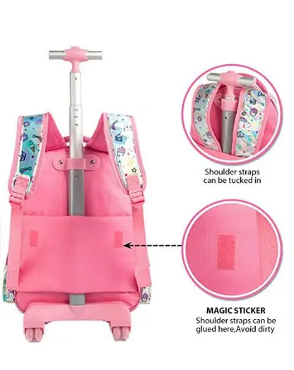 mochila escolar con ruedas unicornio  para niños y niñas, taper de almuerzo y estuche