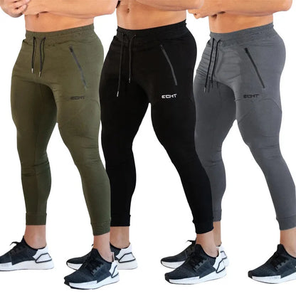 Pantalones de chándal ajustados de gimnasio para hombres, para correr, fitness, culturismo, bolsillo con cremallera, algodón