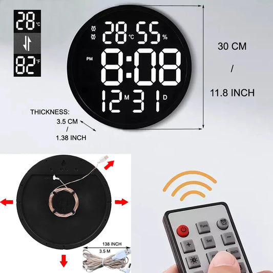 Reloj de pared LED digital grande de 10 o 12 " con calendario, brillo inteligente, humedad, termómetro, Decoración moderna para el hogar.