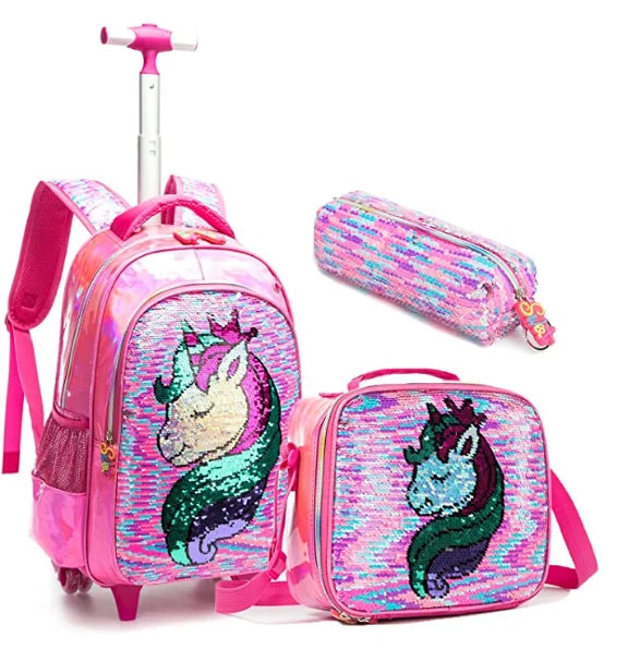 mochila escolar con ruedas unicornio  para niños y niñas, taper de almuerzo y estuche