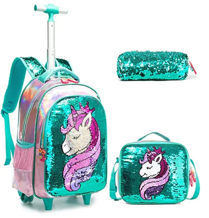 mochila escolar con ruedas unicornio  para niños y niñas, taper de almuerzo y estuche