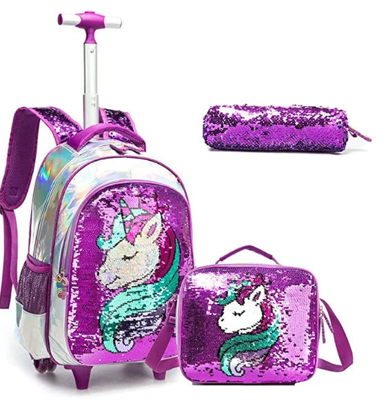 mochila escolar con ruedas unicornio  para niños y niñas, taper de almuerzo y estuche