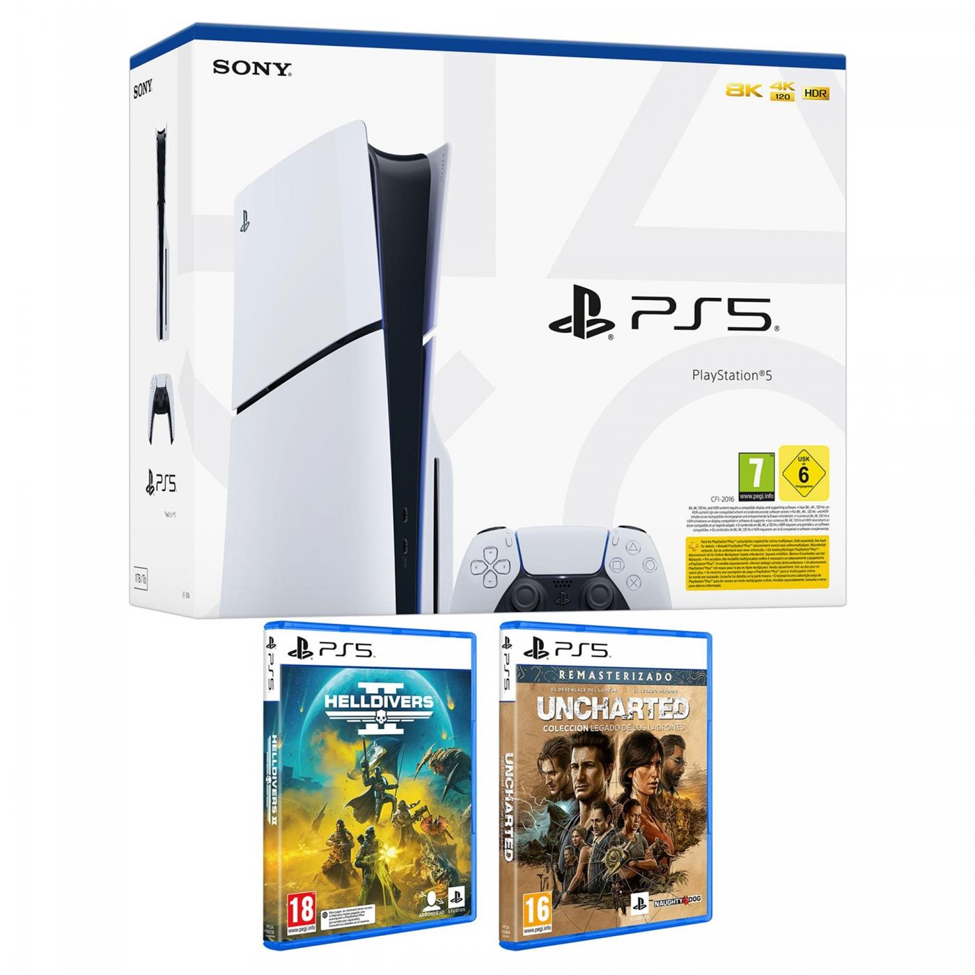 Consola Sony Ps5 Slim Lector + Uncharted Legado Ladrones + Helldivers 2